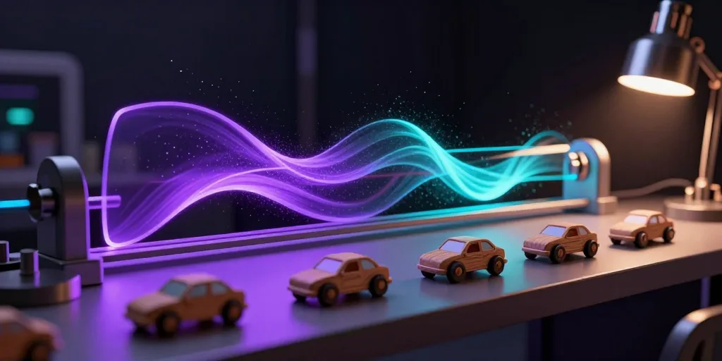 צילום רחב של קו הרכבה של מכוניות צעצוע עץ קטנות בשלבי צביעה שונים על שולחן עבודה, אור סדנה חם, צל סגול עמום היקפי